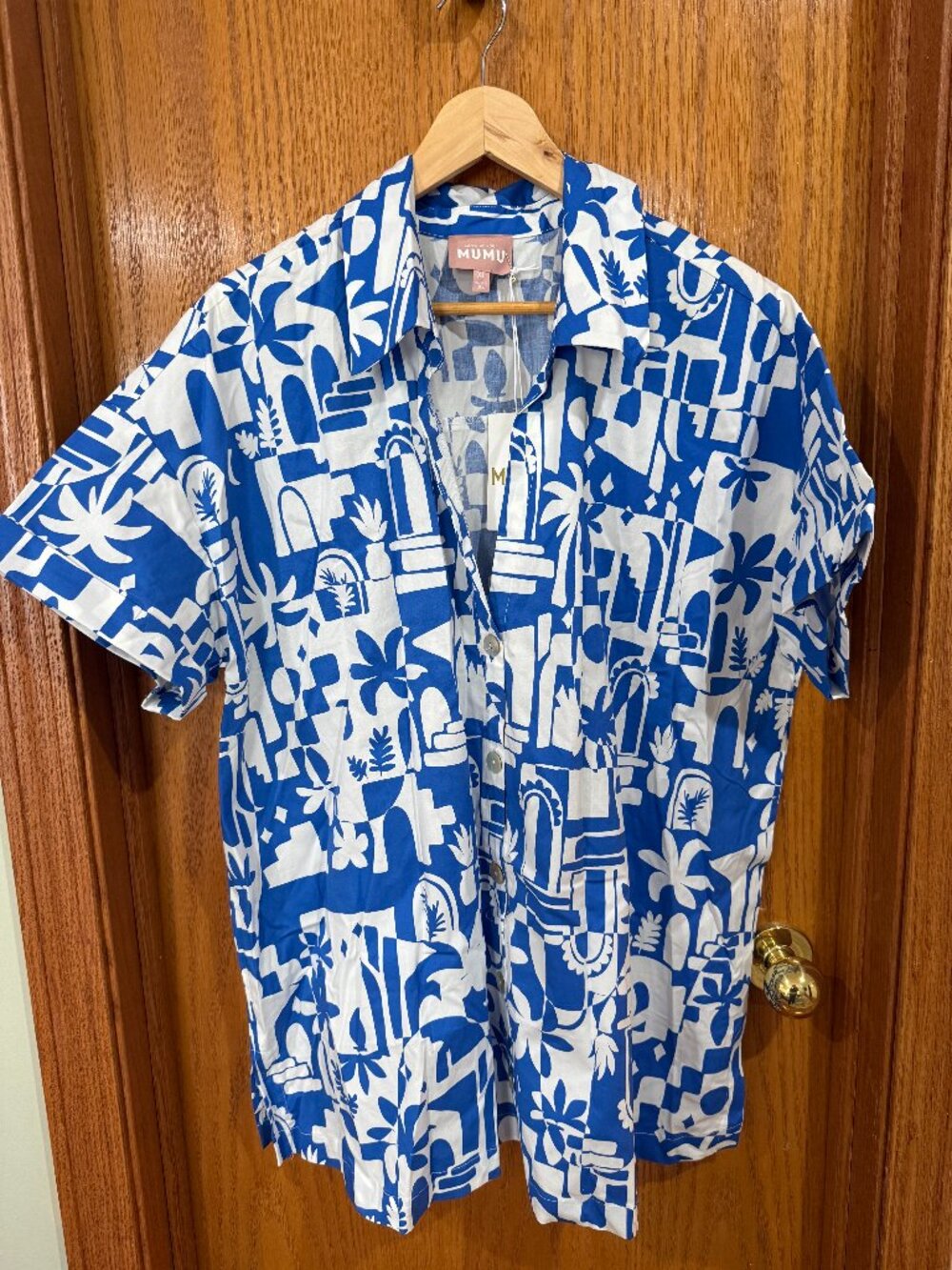 Women's Mumu Blue White Abstract Print Button Up Shirt XL